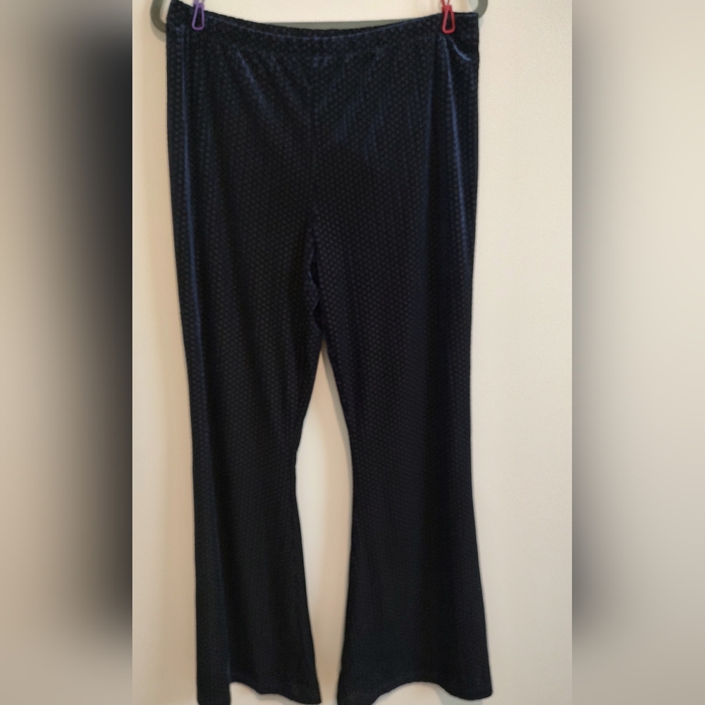 Boho Dark Blue Diamond Velvet Flared Pant. Stretchy Whimisygoth Travel Cozy Soft